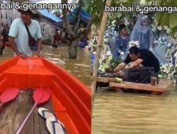 Pernikahan romantis di tengah banjir, tamu tak peduli basah
